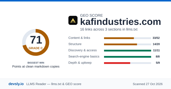 kafindustries.com GEO score card: 71 out of 100 on the Devsly llms.txt and GEO checklist.