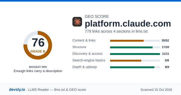platform.claude.com GEO score card: 76 out of 100 on the Devsly llms.txt and GEO checklist.